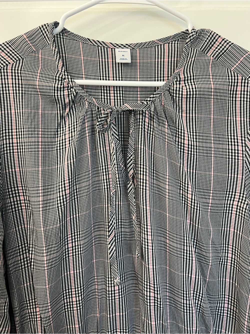 Old Navy Black, White & Pink Plaid Mini Dress with Neck Tie